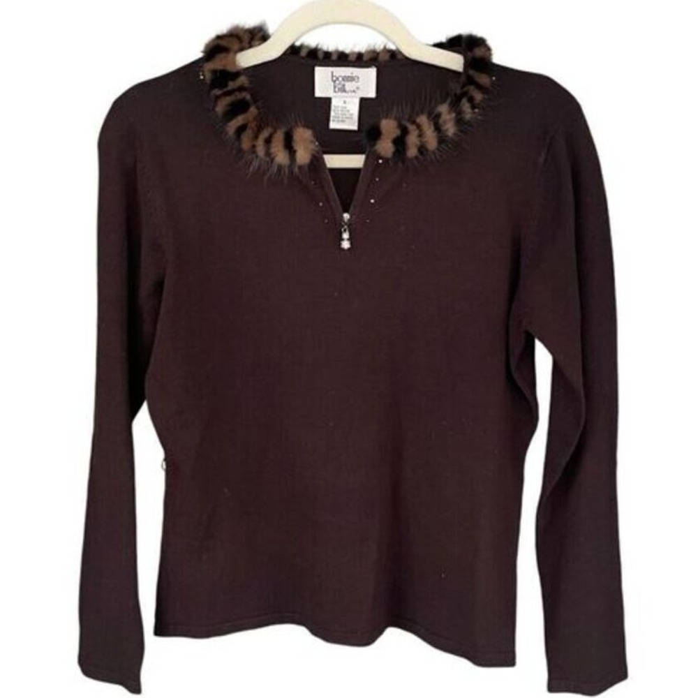 T3 VTG Bonnie and Bill by Holly Brown Silk Blend Sweater with Fur Trim‎ Size S